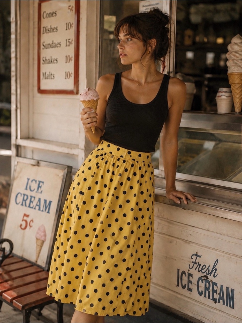 Vintage 80s Yellow Black Polka Dot Pencil Skirt Swing Midi Pockets 6